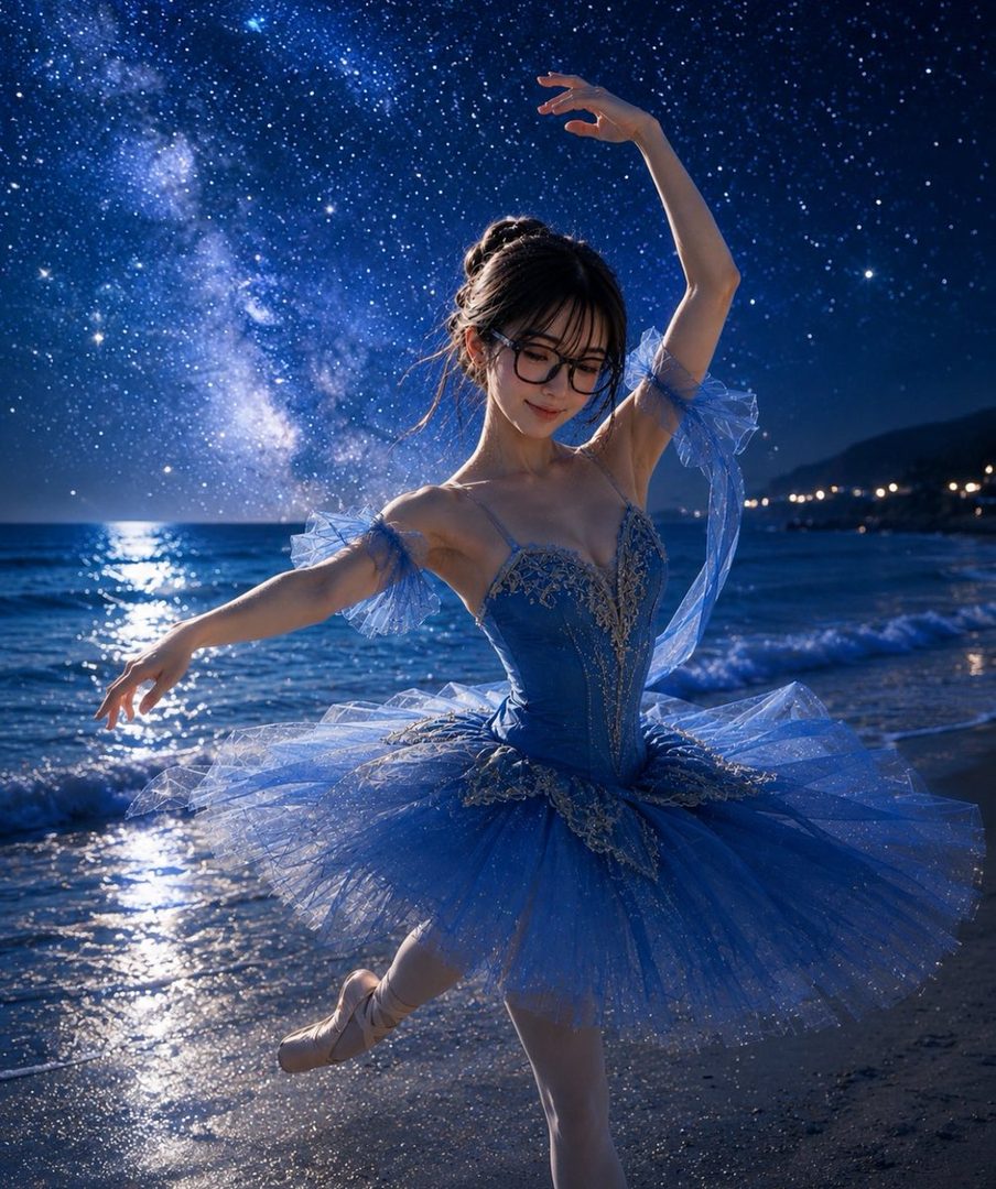 A graceful ballerina in a sparkling blue tutu posing elegantly on a moonlit beach beneath a starry night sky.