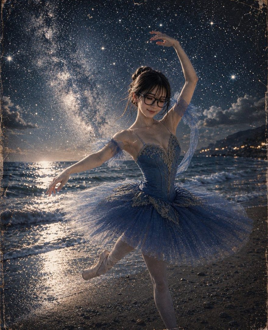 Elegant ballerina in a sparkling blue tutu posing gracefully on a moonlit beach under a starry night sky.