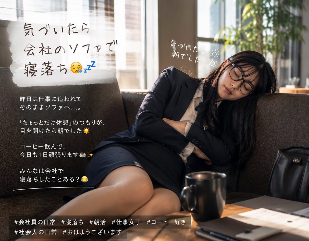 Professional Japanese woman in a dark suit and glasses sleeping peacefully on an office sofa beside a coffee mug.