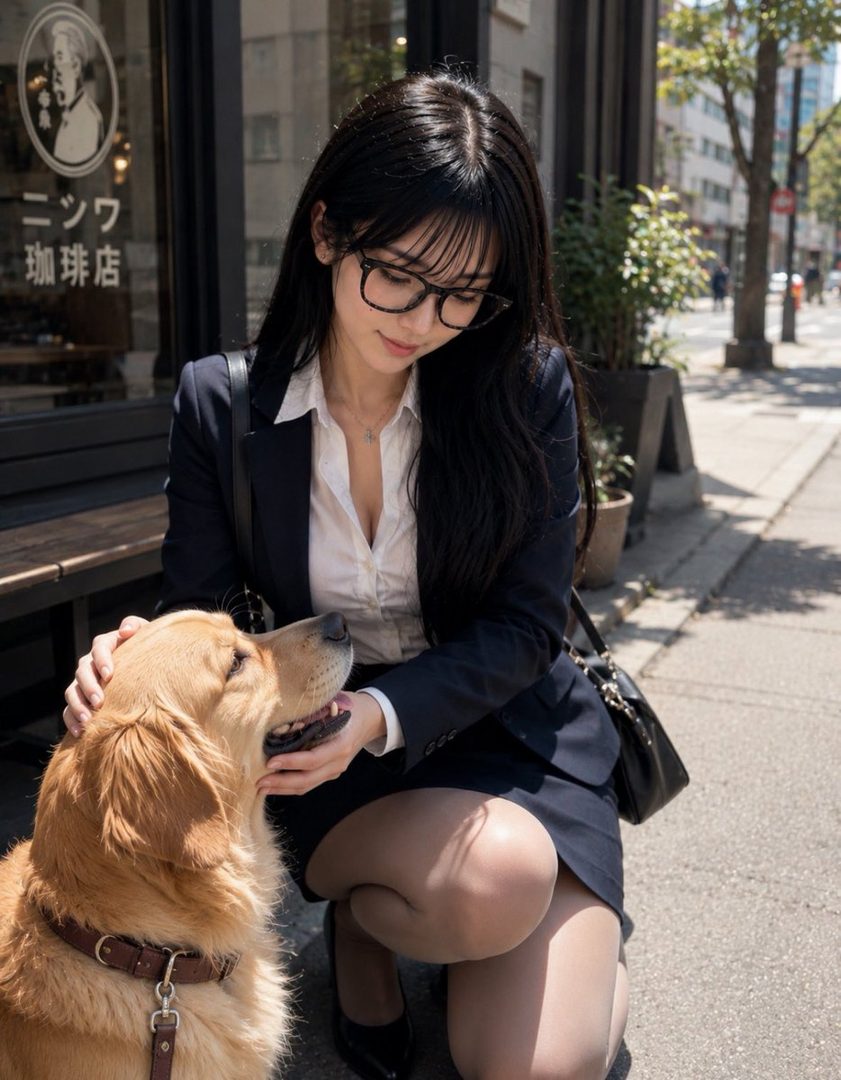 A young professional woman with long black hair and glasses kneels on a sunny city street to gently pet a golden retriever.
