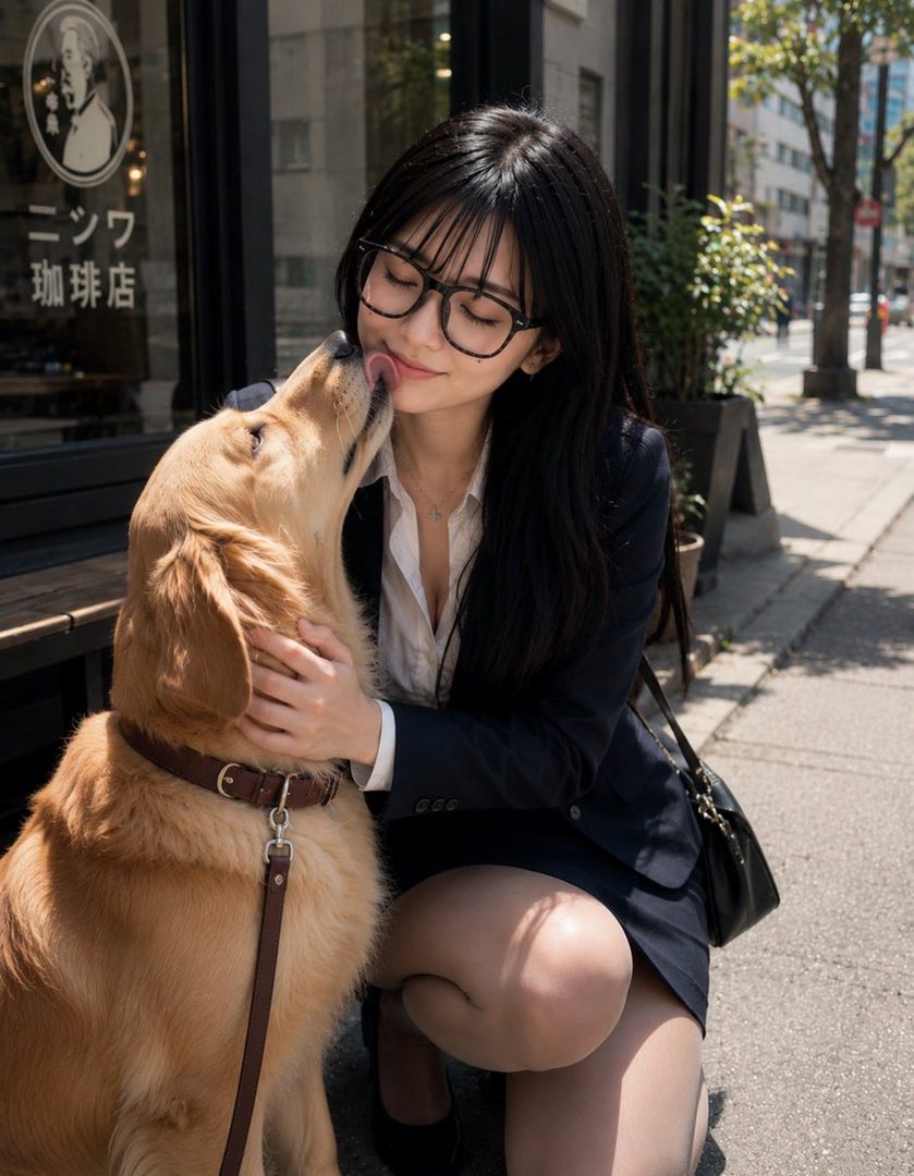 A young woman with long black hair and glasses smiles while a golden retriever licks her face on a sunny city street.