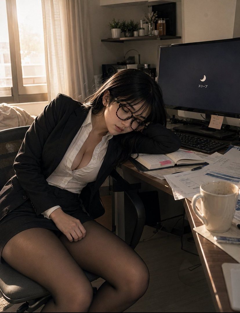 Young woman in a black business suit asleep at her office desk with morning sunlight and a computer nearby.