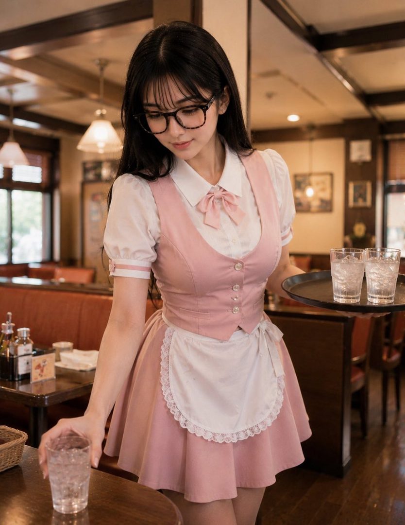 Young woman in pink cafe waitress cosplay with glasses serving drinks indoors.