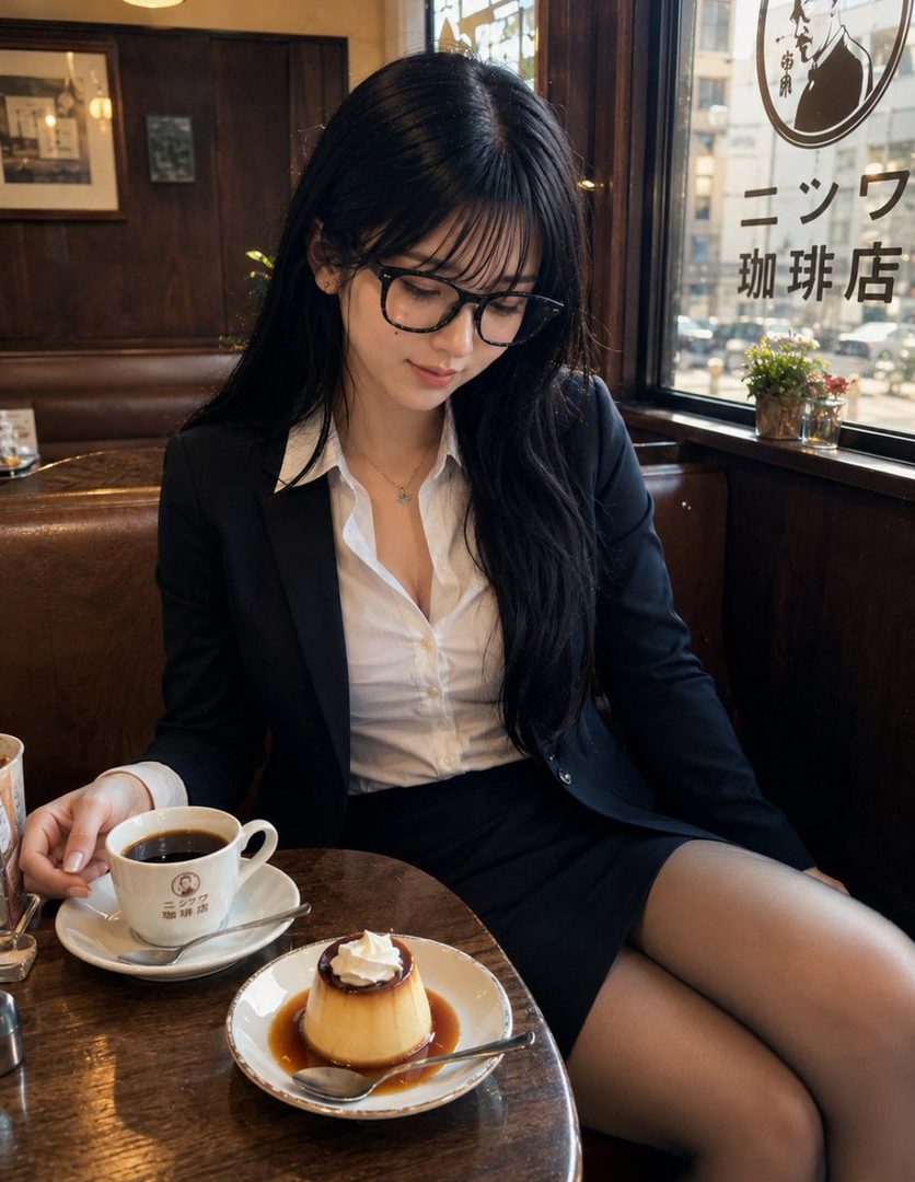 Young woman with long black hair and glasses in a black suit jacket enjoying coffee and pudding at a traditional Japanese kissaten cafe.
