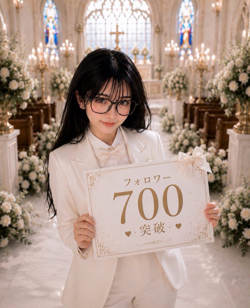 Young woman with long black hair and glasses in a white suit holds a decorative sign celebrating 700 followers inside a flower-filled church.