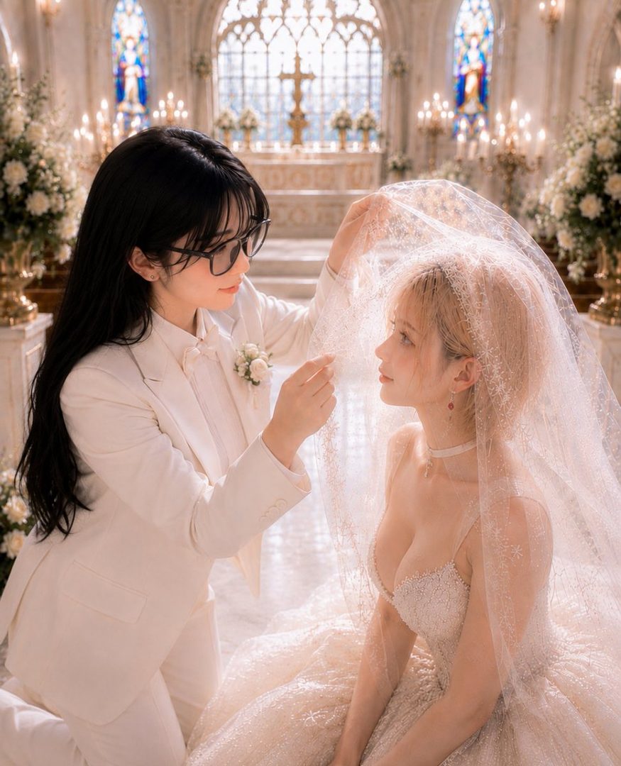 Two women in a grand church, one in a white suit adjusting the veil of the bride in a sparkling wedding dress.