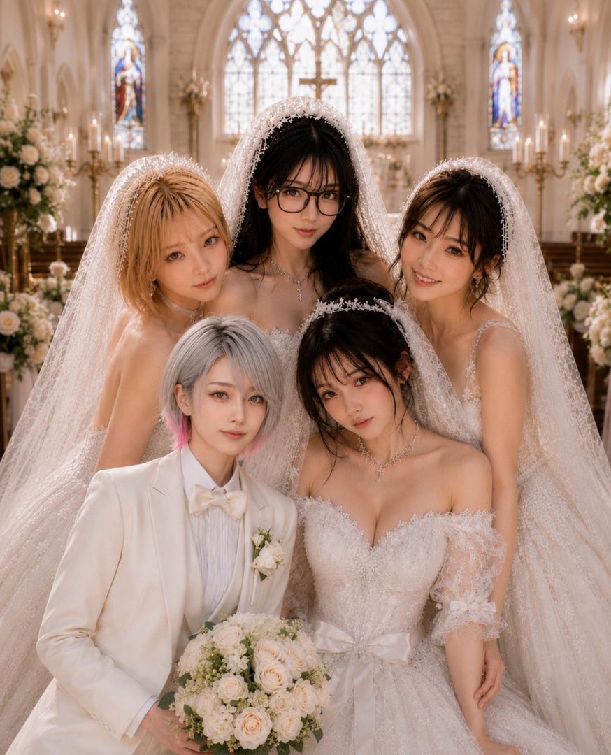 Five young women in ornate white wedding gowns and veils posing together inside a grand cathedral with floral decorations.