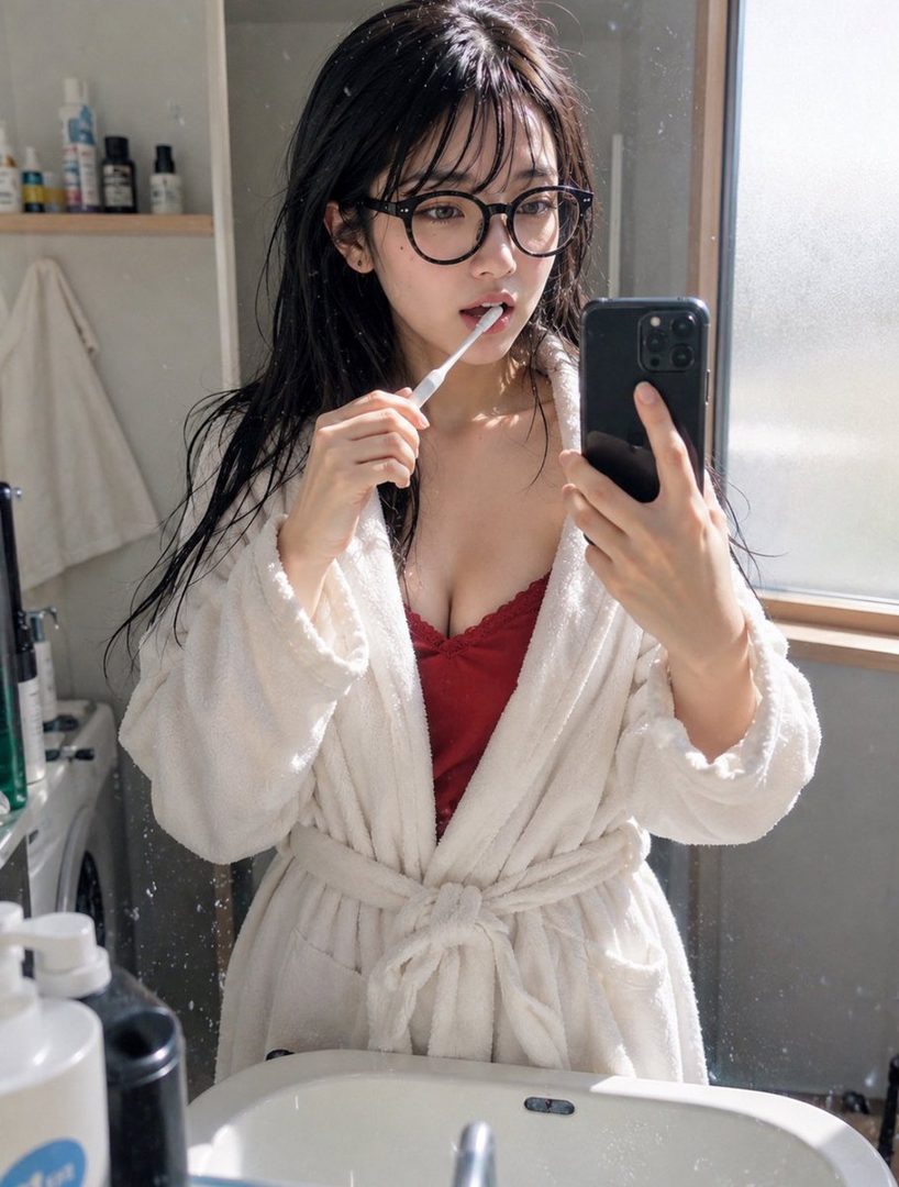 Young woman with long black hair and glasses taking a mirror selfie in a bathroom while brushing her teeth, wearing a white bathrobe over a red top.