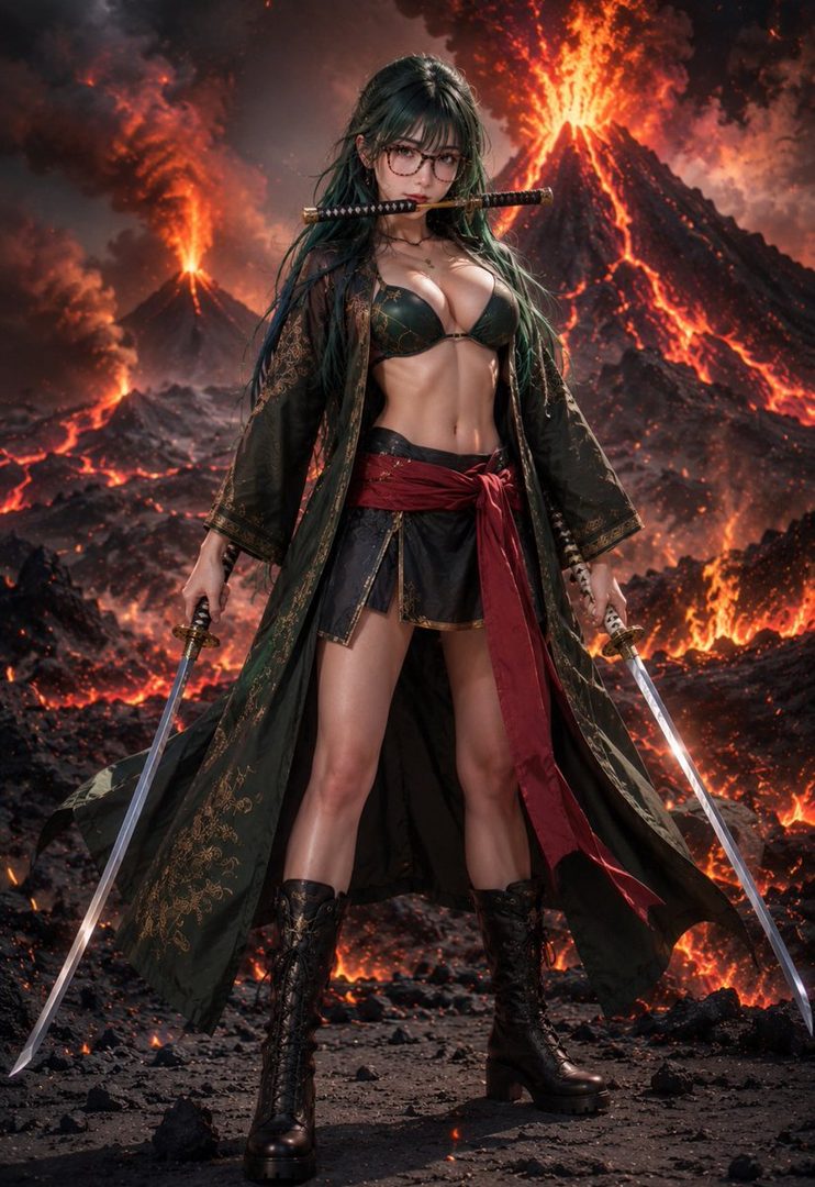 Fierce green-haired female swordsman cosplaying as Zoro from One Piece, posed with dual swords in a fiery volcanic landscape.