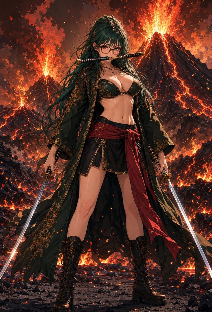 A muscular female swordsman cosplaying as Zoro from One Piece, standing confidently amid erupting volcanoes with dual blades drawn.