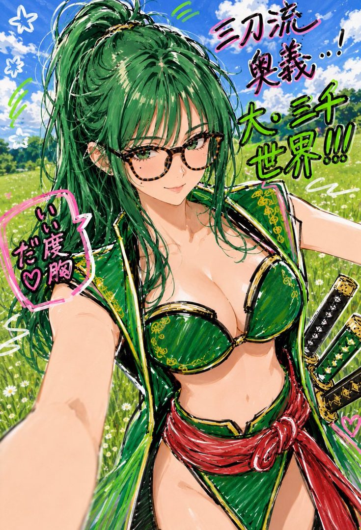 Anime-style selfie of a green-haired woman in a revealing green bikini-style outfit with swords, cosplaying as female Zoro in a sunny field.