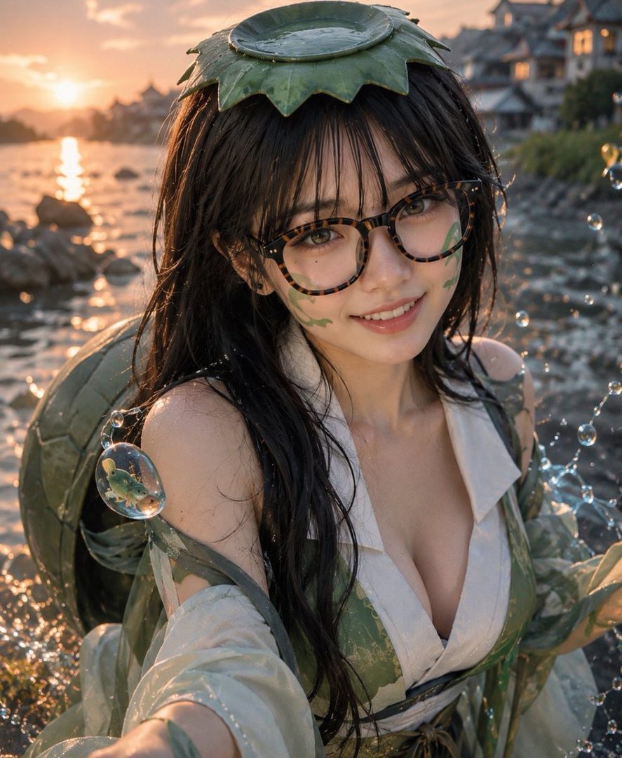 Young woman in kappa yokai cosplay with leaf hat and glasses posing by a lakeside at sunset with water splashes.