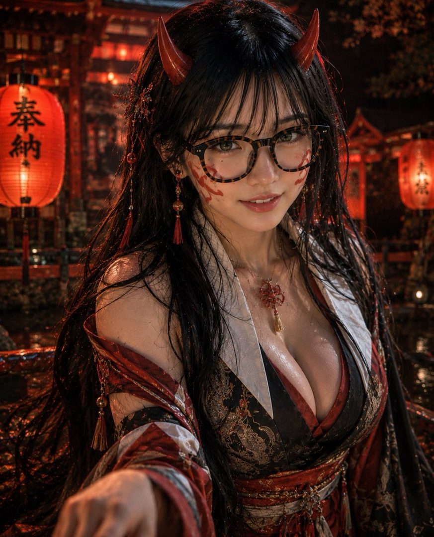 Seductive oni girl cosplay featuring a woman with long black hair, red horns, glasses, and a revealing kimono-style outfit at night among glowing red lanterns.