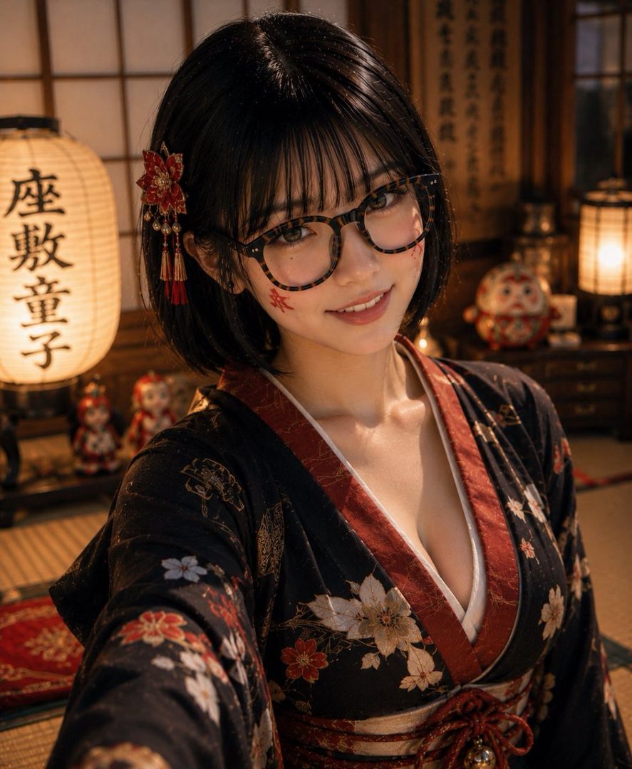 Young woman with black bob hair and glasses in a floral kimono cosplaying as Zashiki-warashi, taking a selfie in a traditional Japanese room with paper lanterns.