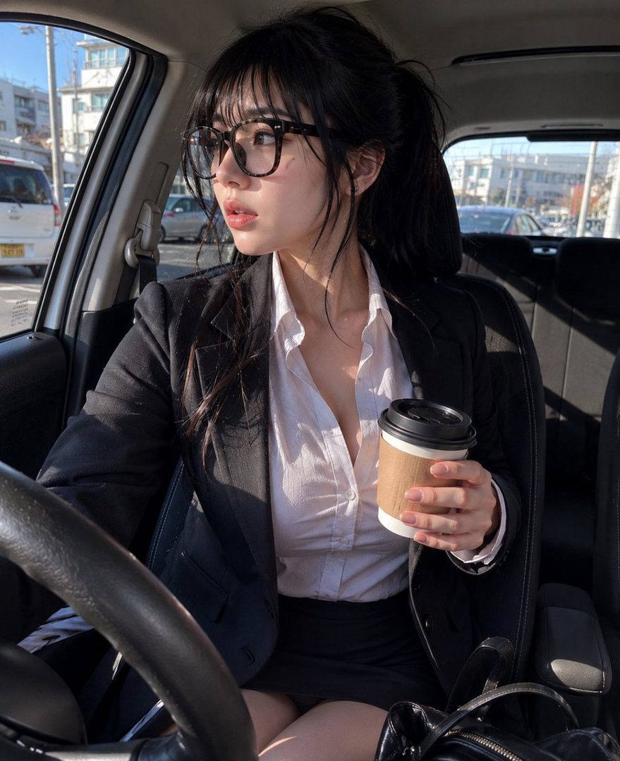 Young East Asian woman with glasses and ponytail in business attire holding coffee inside a sunlit car.