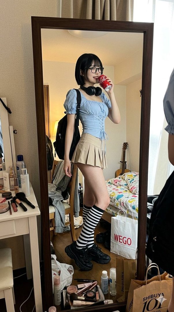 A young woman with black bob hair and glasses, wearing a light blue corset top, pleated mini skirt, and striped knee-high socks, takes a mirror selfie while drinking a soda in her bedroom.