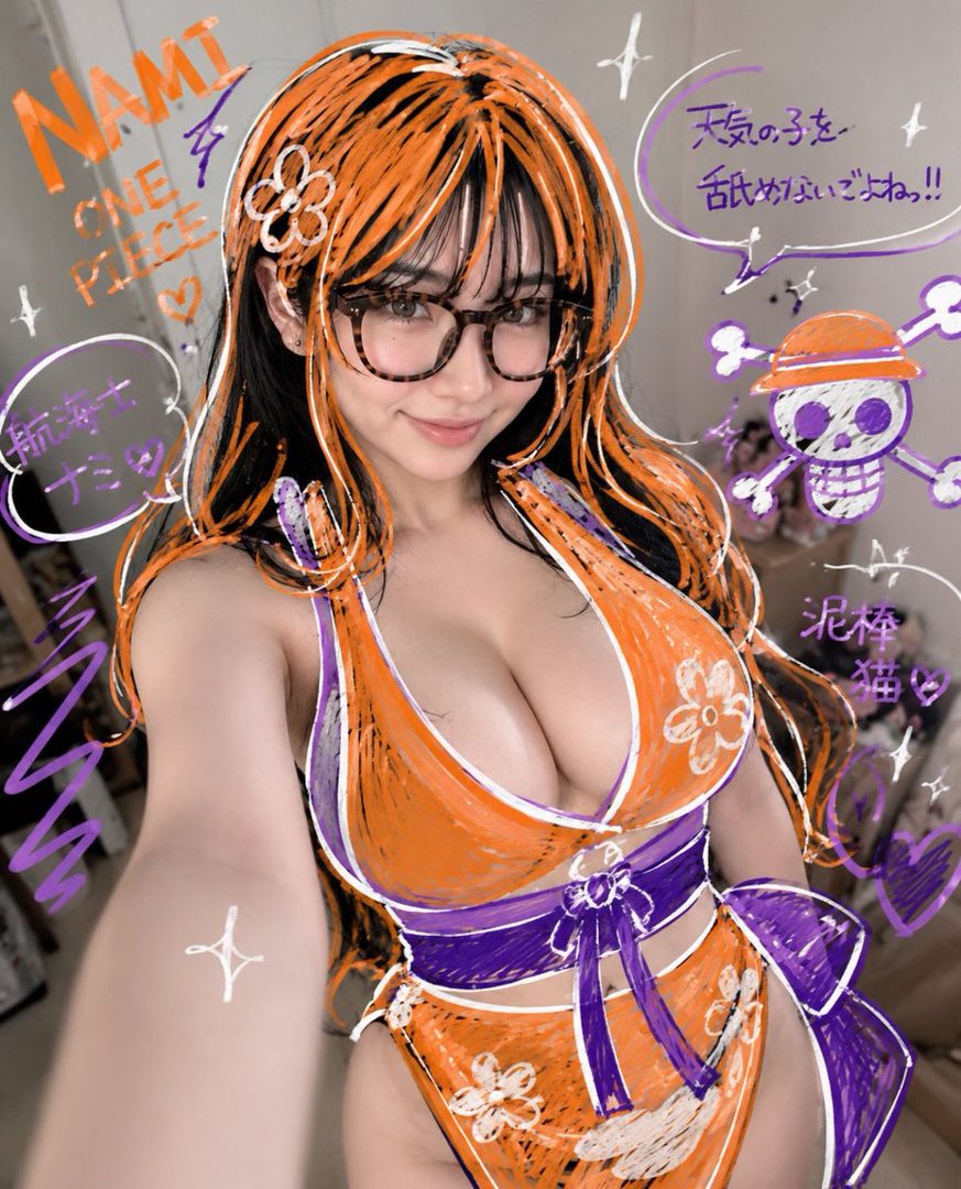 Woman cosplaying as Nami from One Piece taking a selfie in a revealing orange outfit with glasses and hand-drawn annotations.