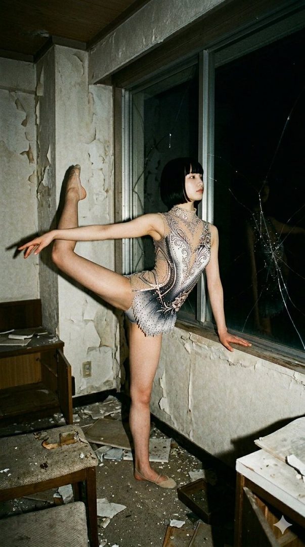 A woman in a rhinestone leotard performs a gymnastic pose in a dilapidated room with a broken window.