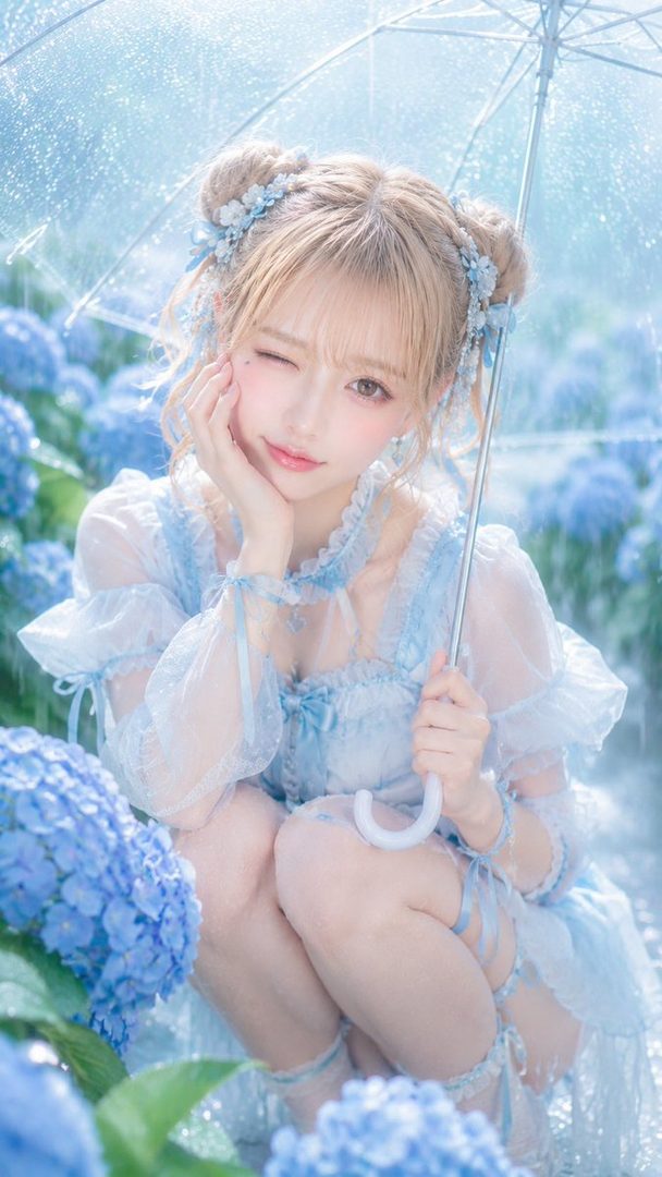 A young woman with blonde twintails in a sheer blue dress sits among blooming hydrangeas holding a clear umbrella in the rain.