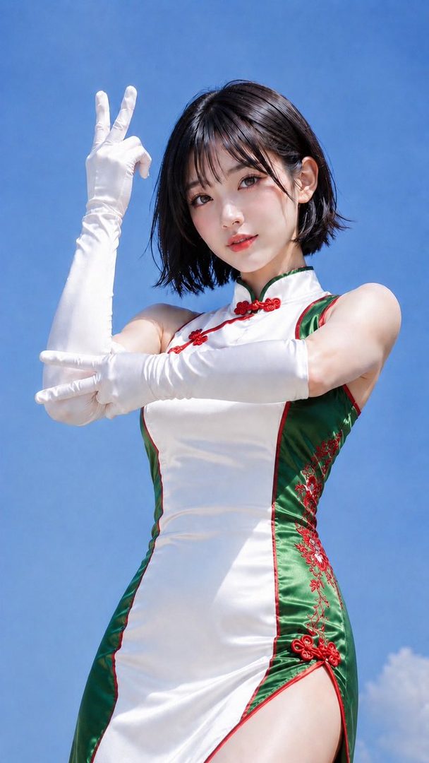 Young East Asian woman in a green and white qipao with red embroidery posing outdoors under a clear blue sky.