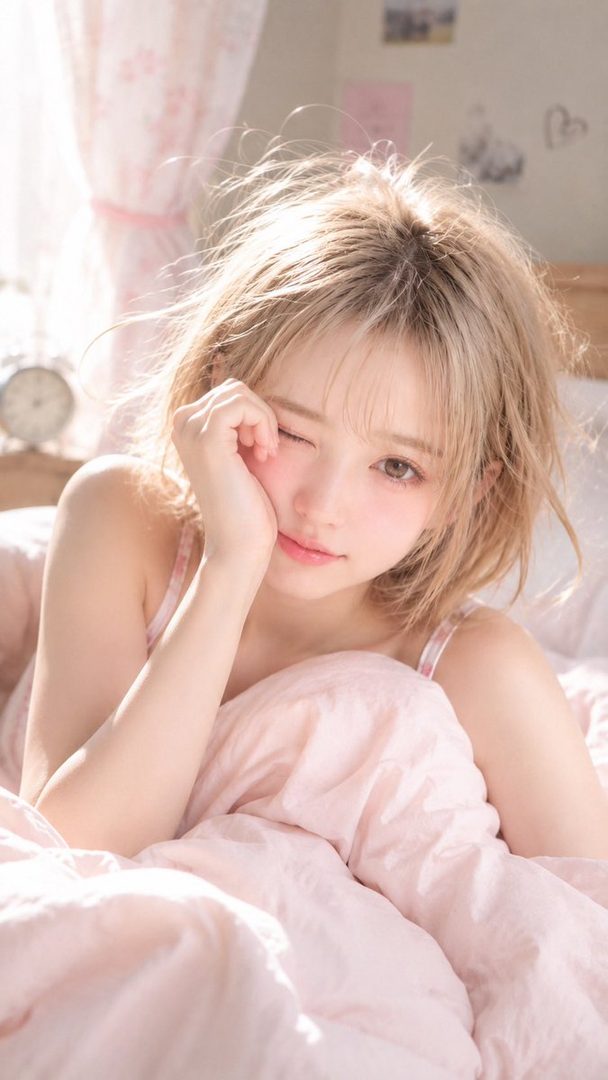 A young woman with messy blonde hair rests in bed under pink blankets, bathed in soft morning sunlight.