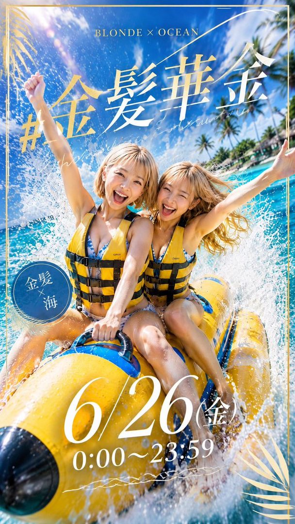 Two joyful blonde women in yellow life vests riding an inflatable raft through splashing tropical ocean waves under a bright blue sky.