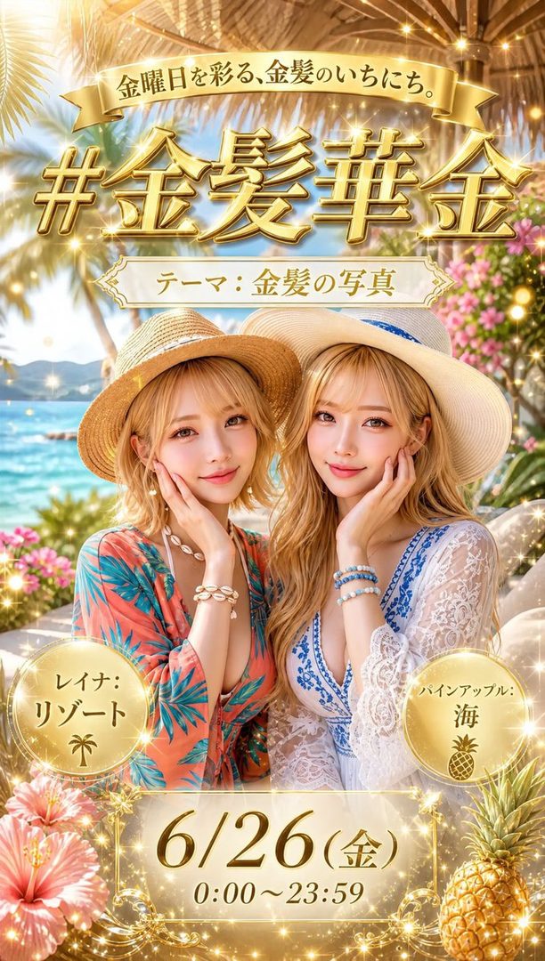 Two young blonde women in sun hats posing together at a tropical beach resort with ocean view.