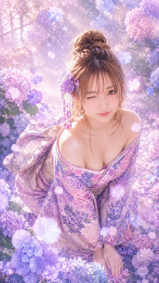A beautiful young woman in a floral kimono winking playfully among blooming purple hydrangeas in a dreamy ethereal garden.