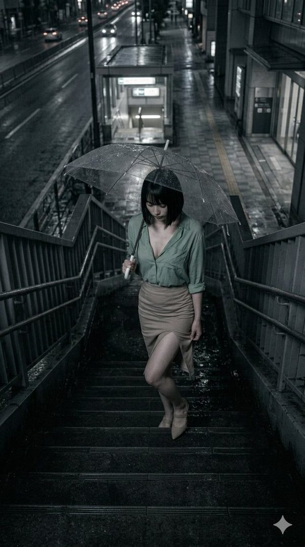 A woman with a bob haircut and a green shirt walks down wet stairs in a city at night, holding a clear umbrella.