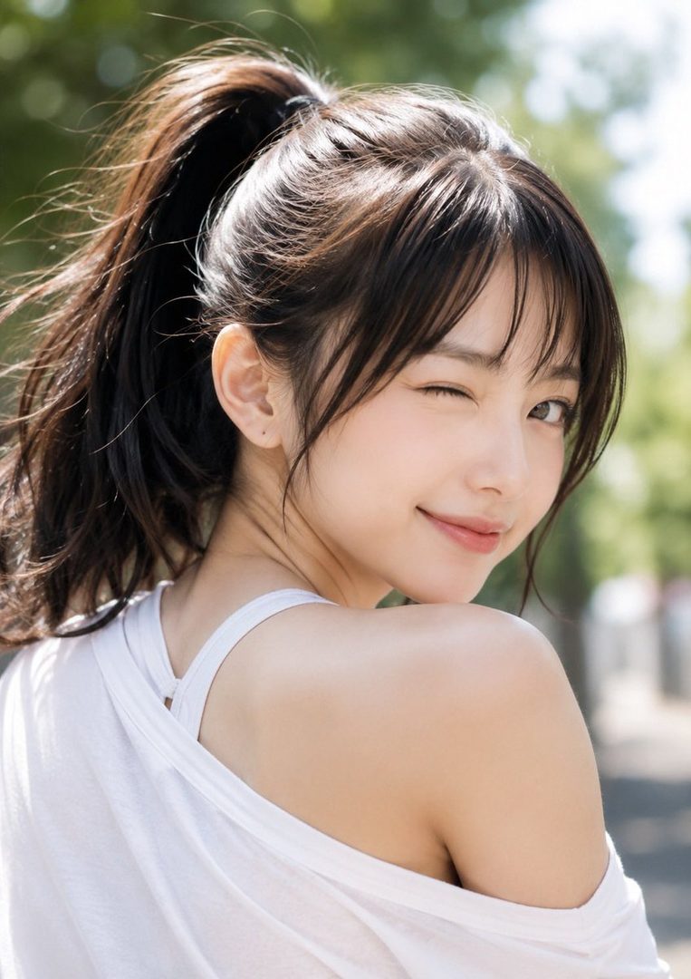 A young East Asian woman with a dark ponytail and bangs smiles playfully over her shoulder while wearing a white tank top in a sunny outdoor setting.