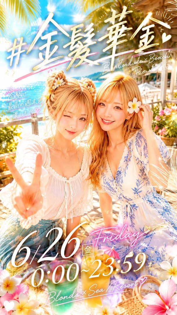 Two young blonde women in white dresses posing together at a sunny tropical resort beach with flowers and ocean backdrop.