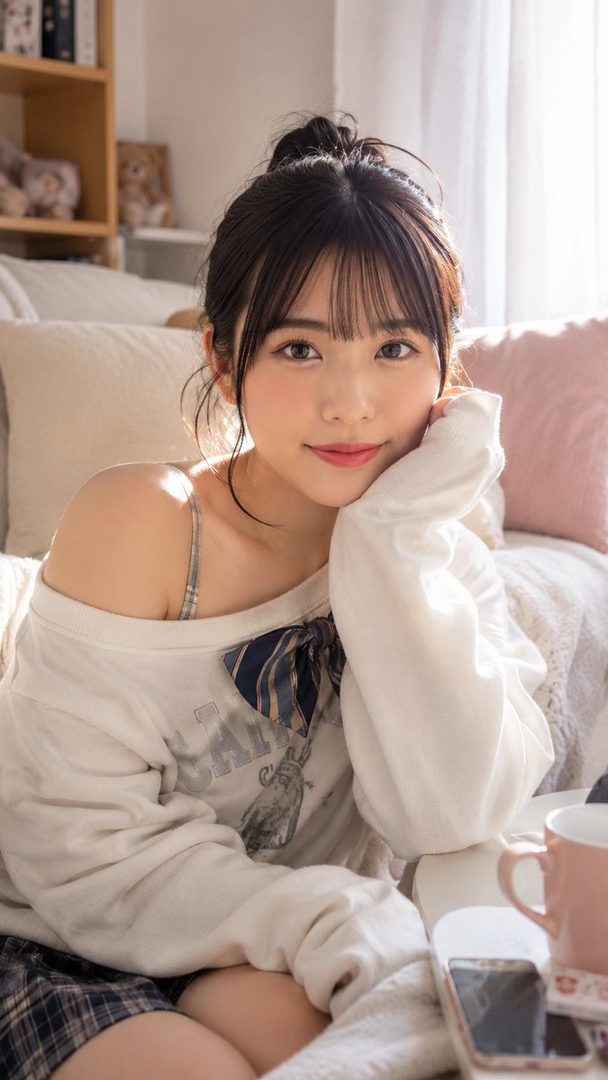 Young East Asian woman with dark hair in a casual bun and bangs, wearing an off-shoulder white sweatshirt, posing indoors on a bed with soft morning light.