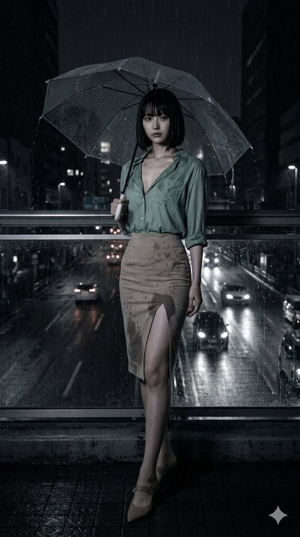 A woman with a bob haircut stands under a clear umbrella on a rainy city street at night, wearing a green blouse and a beige skirt with a slit.