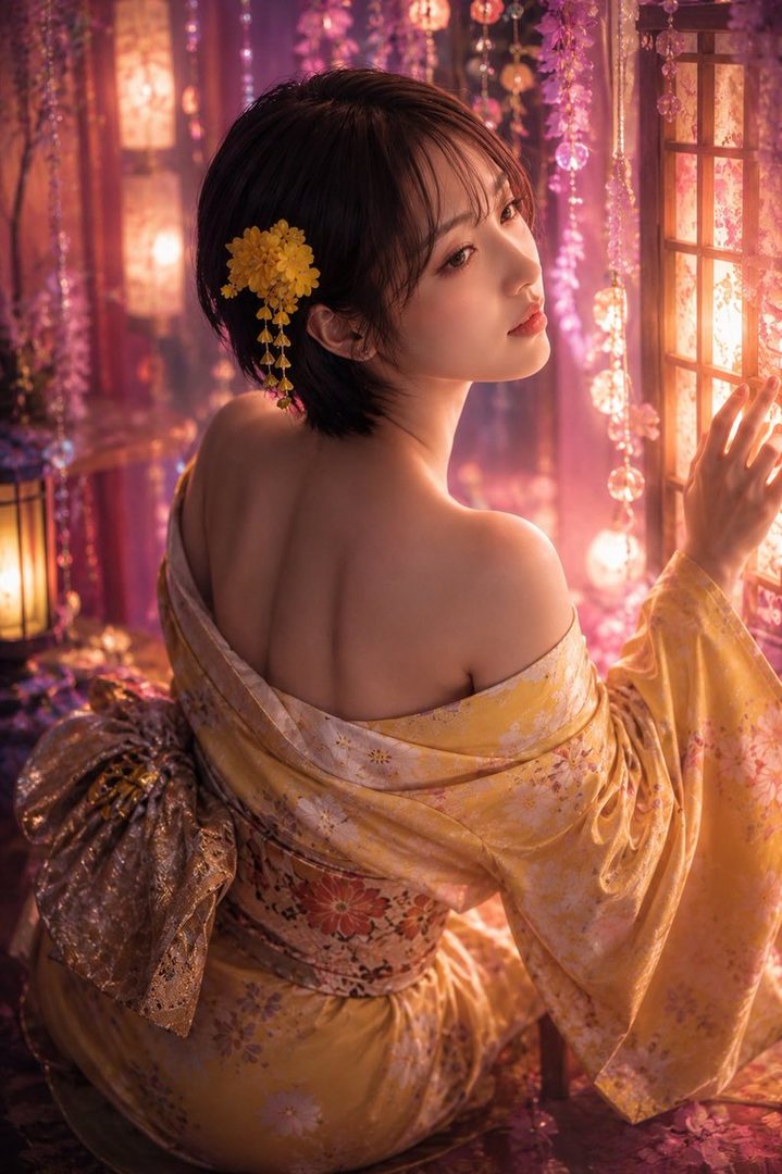 Elegant young woman with short black hair in a yellow floral kimono sitting by a glowing window in a lantern-lit room at night.