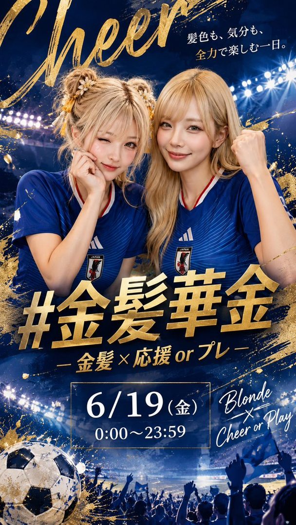 Two blonde women in blue soccer jerseys posing confidently against a vibrant stadium night background with confetti and cheering crowd.