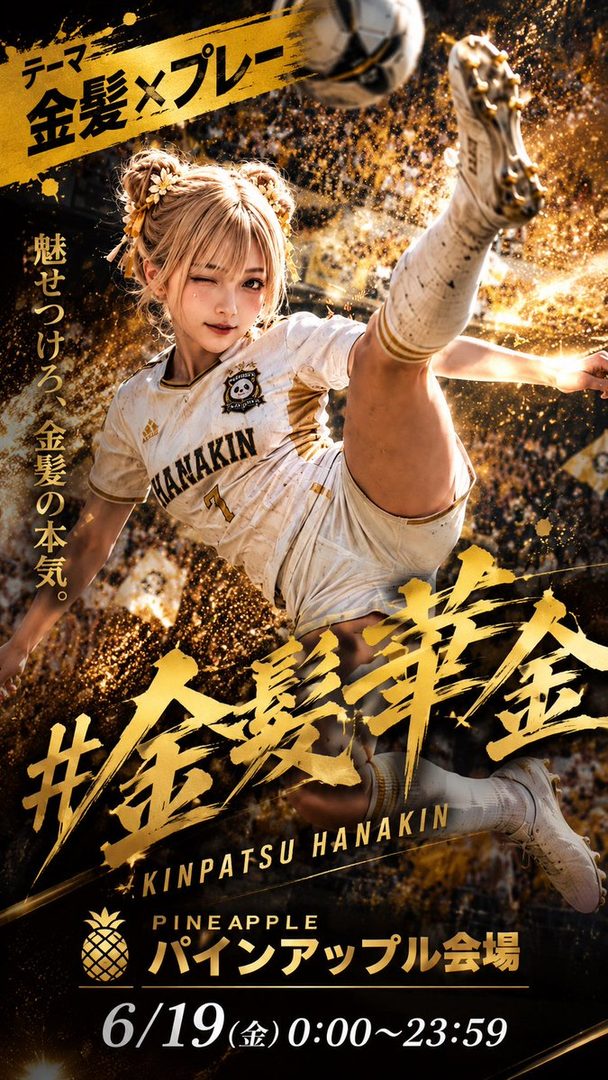 Blonde woman in soccer uniform dynamically kicking a ball with golden particle effects.