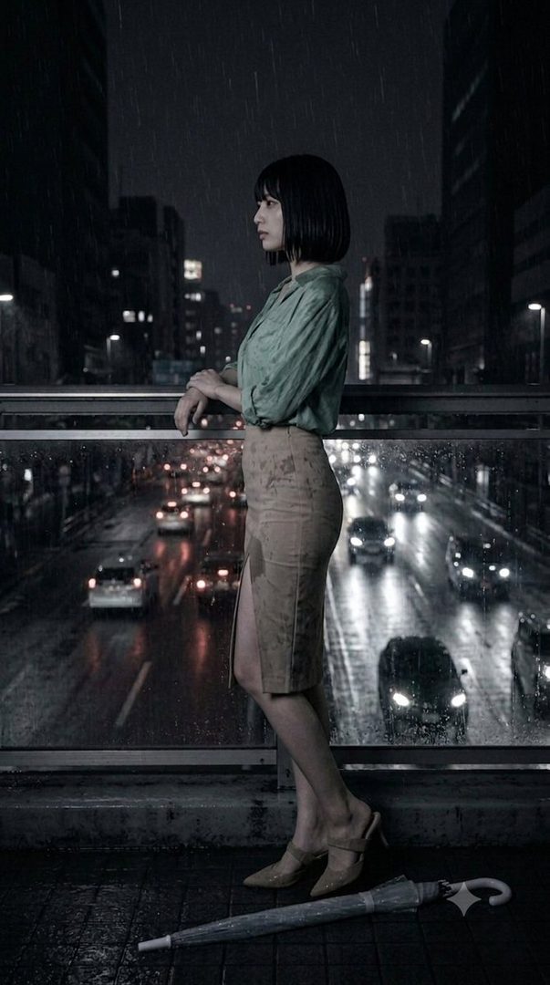 A woman with a bob haircut stands on a bridge overlooking a rainy city street at night, with car lights reflecting on the wet road.