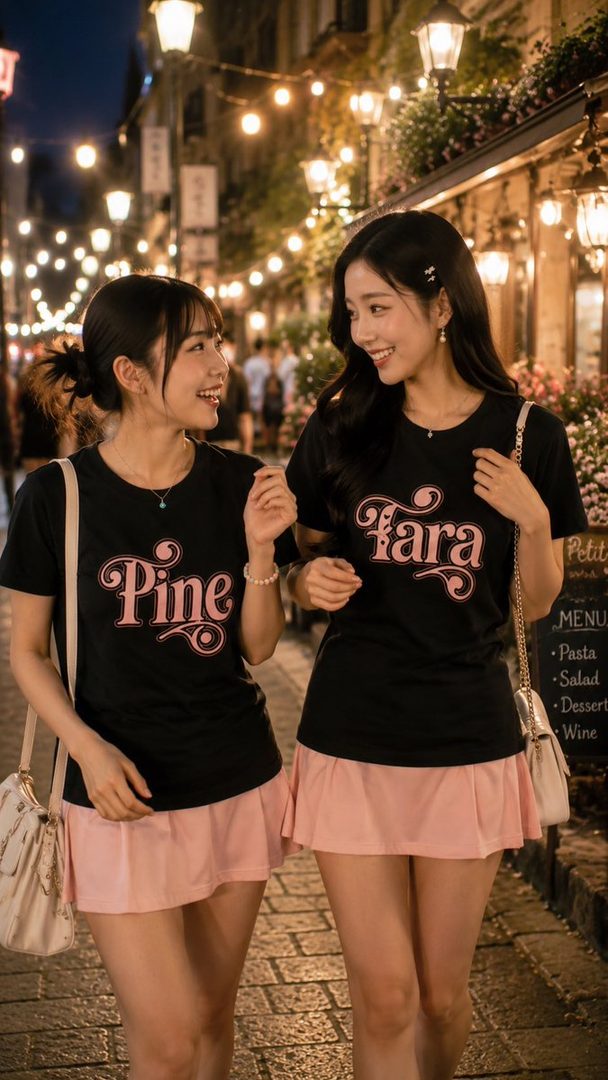 Two young Japanese women in matching black graphic tees and pink skirts enjoying a nighttime stroll on a lantern-lit street.