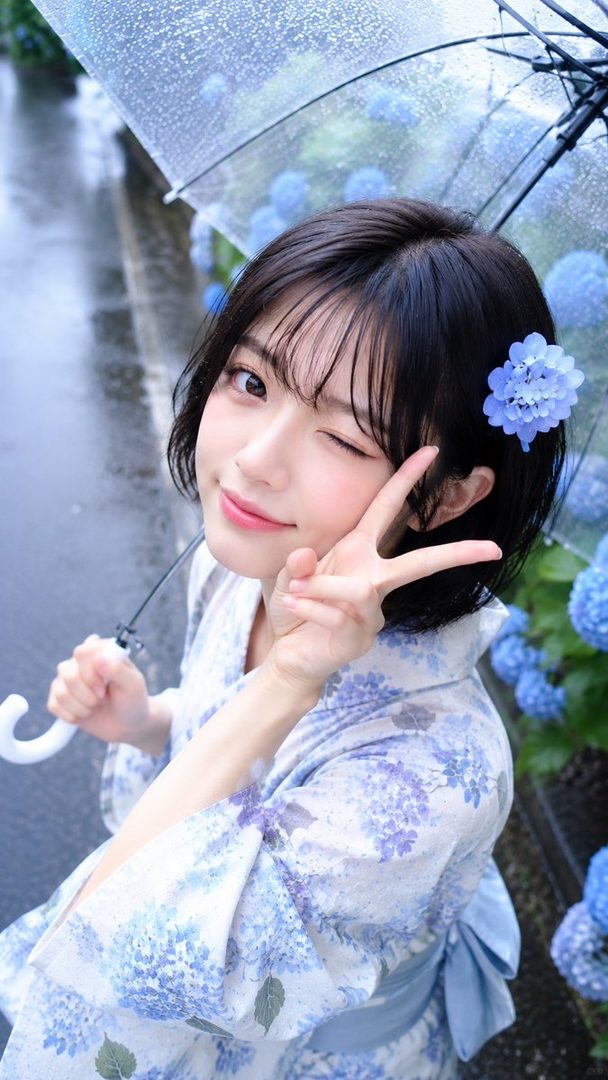 Young woman in a light blue floral yukata winking playfully while making a peace sign under a clear umbrella on a rainy hydrangea-lined street.