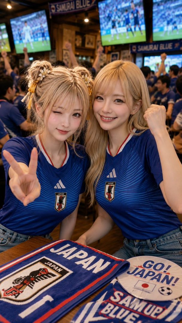 Two blonde women in Japan national soccer jerseys posing energetically together inside a sports bar with match screens and fan items.