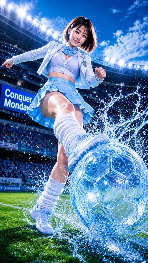 Young woman in light blue cropped jacket and pleated skirt dynamically kicking a glowing water-effect soccer ball in a packed stadium under blue skies.