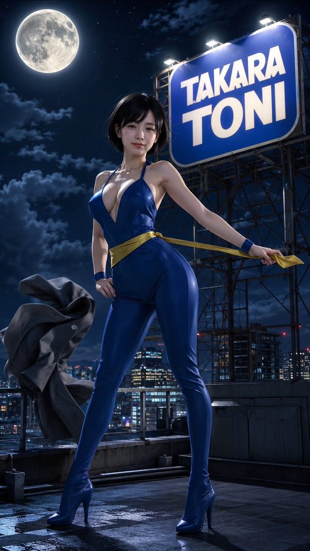 Elegant woman with short black hair in a form-fitting blue catsuit posing confidently on a nighttime city rooftop under a full moon.