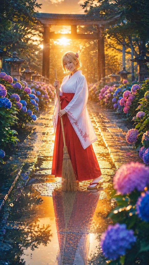 A smiling blonde woman in a red and white miko outfit holding a broom on a wet stone path lined with blooming hydrangeas at sunset.
