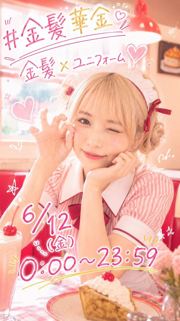 Cute blonde woman in a pink striped maid uniform posing playfully at a retro cafe table with cherry pie and milkshake.