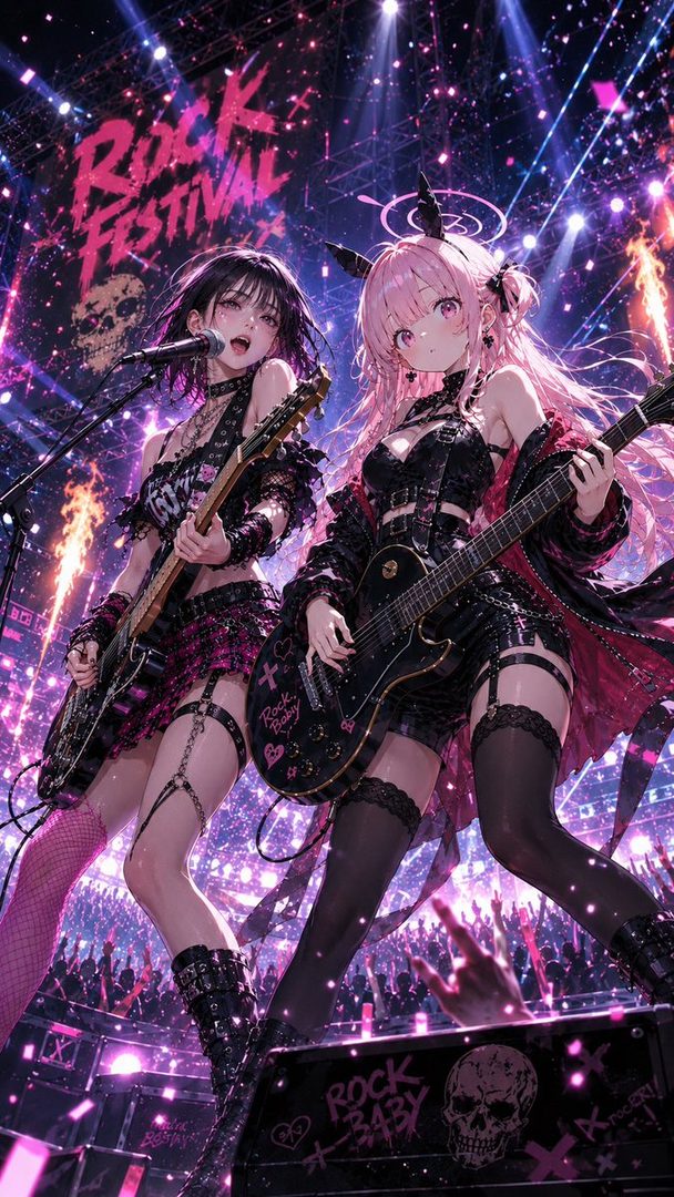 Two anime-style young women in edgy black rock outfits performing with electric guitars on a vibrant neon-lit festival stage.