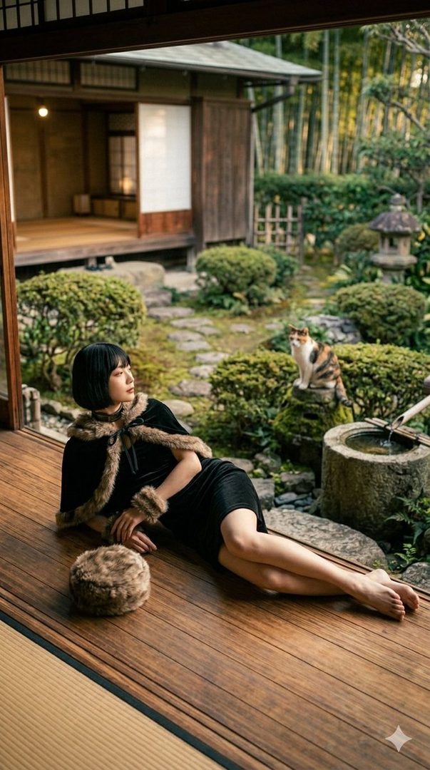 A woman with a bob haircut wearing a black dress and fur-trimmed cape lies on a wooden veranda, looking towards a traditional Japanese garden with a cat.