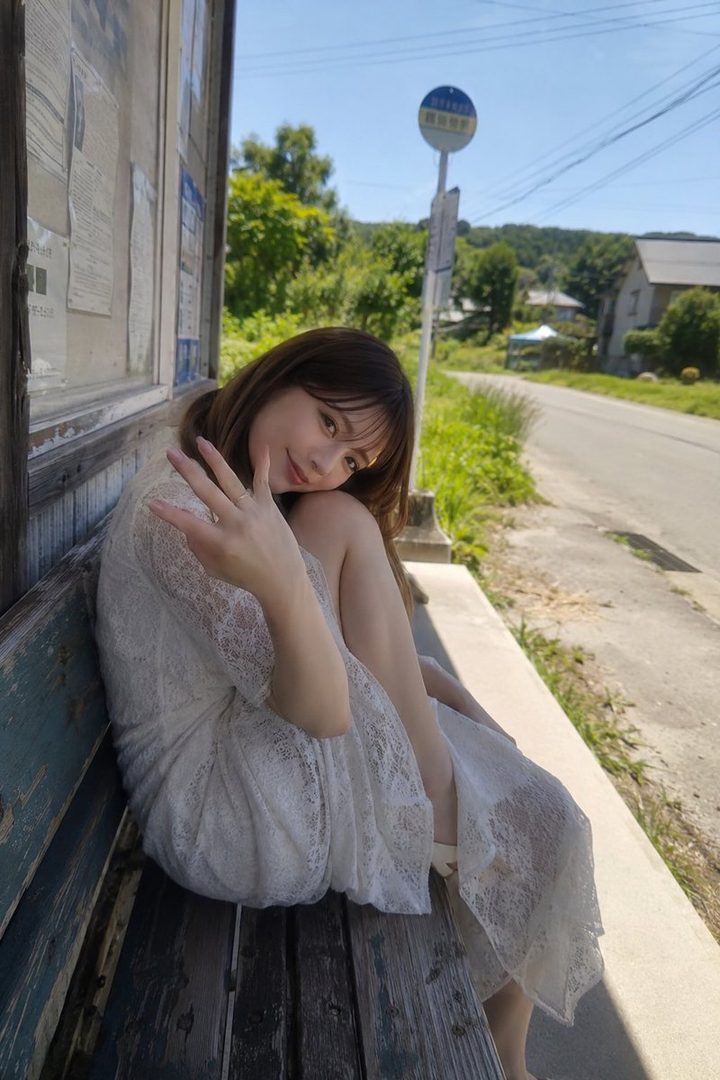 A young woman in a white lace dress sitting at a rural bus stop on a sunny summer day, smiling gently at the camera.