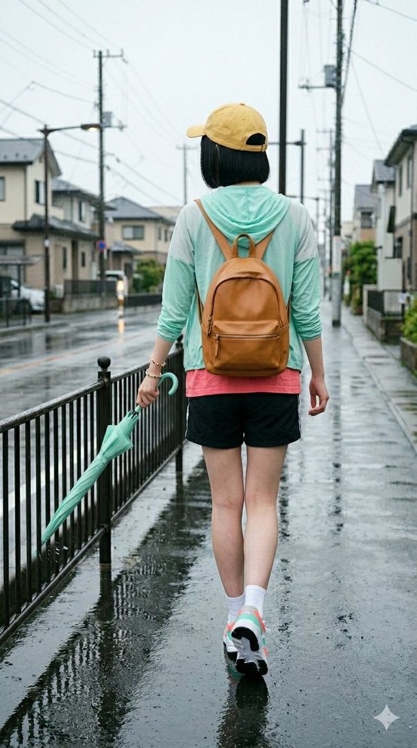 A person with a bob cut and a yellow cap walks away on a wet street, holding a green umbrella and wearing a light blue hoodie, black shorts, and a brown backpack.