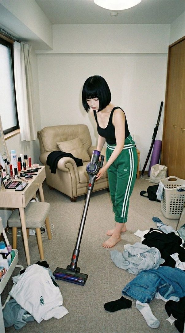 A woman with a black bob haircut is vacuuming a messy room, wearing a black tank top and green sweatpants.
