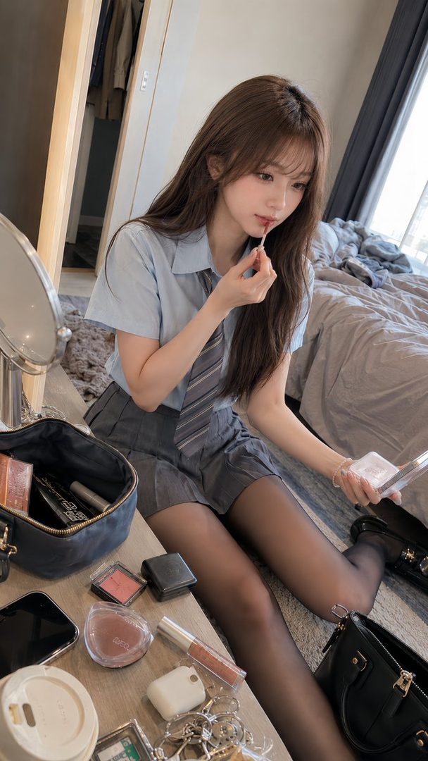 Young woman in school uniform touching up lipstick while seated on the floor amid scattered makeup in a bedroom.